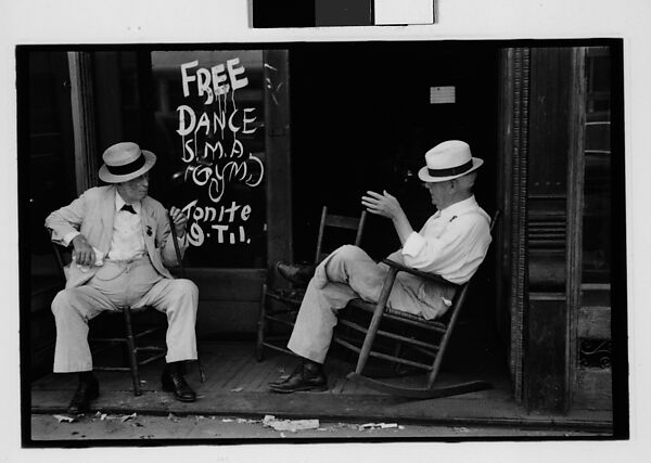[Three 35mm Film Frames: Two Elderly Men in Conversation on Porch in Front of Painted Sign for "Free Dance", Greensboro, Alabama?], Walker Evans (American, St. Louis, Missouri 1903–1975 New Haven, Connecticut), Film negative