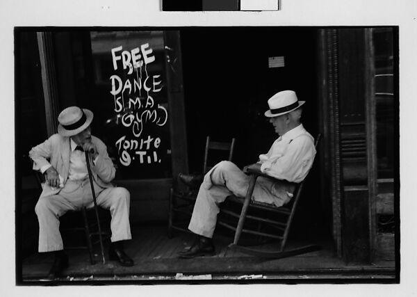 [Three 35mm Film Frames: Two Elderly Men in Conversation on Porch in Front of Painted Sign for "Free Dance", Greensboro, Alabama?], Walker Evans (American, St. Louis, Missouri 1903–1975 New Haven, Connecticut), Film negative