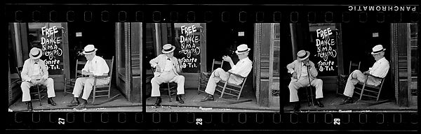 [Three 35mm Film Frames: Two Elderly Men in Conversation on Porch in Front of Painted Sign for "Free Dance", Greensboro, Alabama?], Walker Evans (American, St. Louis, Missouri 1903–1975 New Haven, Connecticut), Film negative