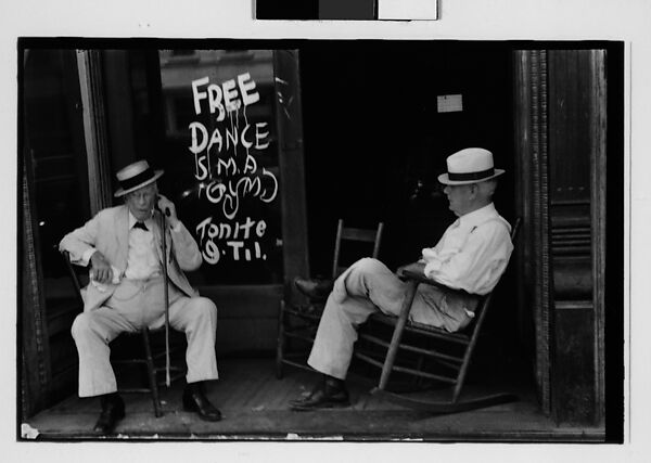[One 35mm Film Frame: Two Elderly Men in Conversation on Porch in Front of Painted Sign for "Free Dance", Greensboro, Alabama?], Walker Evans (American, St. Louis, Missouri 1903–1975 New Haven, Connecticut), Film negative 