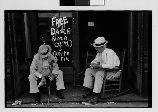 [Five 35mm Film Frames: Two Elderly Men in Conversation on Porch in Front of Painted Sign for "Free Dance", Greensboro, Alabama?], Walker Evans (American, St. Louis, Missouri 1903–1975 New Haven, Connecticut), Film negative