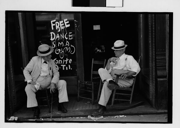 [Five 35mm Film Frames: Two Elderly Men in Conversation on Porch in Front of Painted Sign for "Free Dance", Greensboro, Alabama?], Walker Evans (American, St. Louis, Missouri 1903–1975 New Haven, Connecticut), Film negative