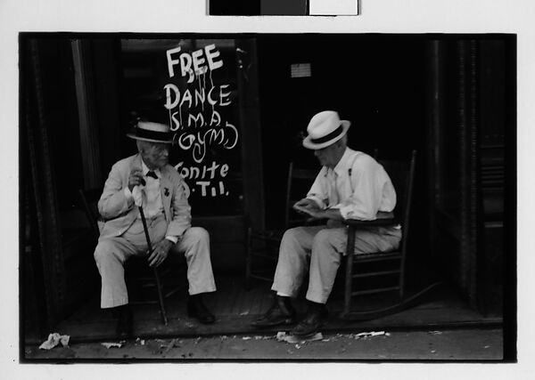 [Five 35mm Film Frames: Two Elderly Men in Conversation on Porch in Front of Painted Sign for "Free Dance", Greensboro, Alabama?], Walker Evans (American, St. Louis, Missouri 1903–1975 New Haven, Connecticut), Film negative