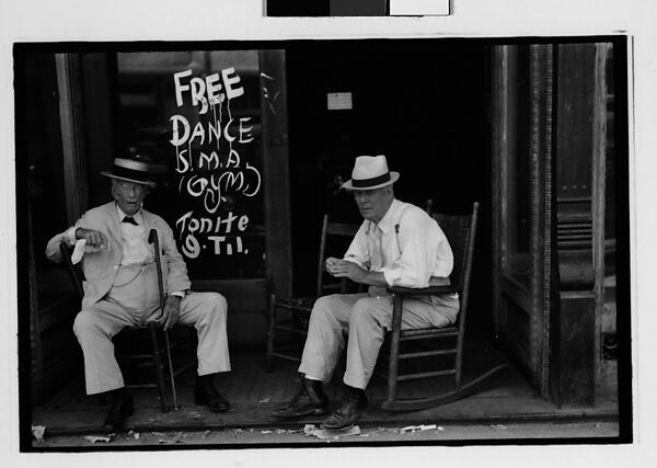 [Five 35mm Film Frames: Two Elderly Men in Conversation on Porch in Front of Painted Sign for "Free Dance", Greensboro, Alabama?], Walker Evans (American, St. Louis, Missouri 1903–1975 New Haven, Connecticut), Film negative