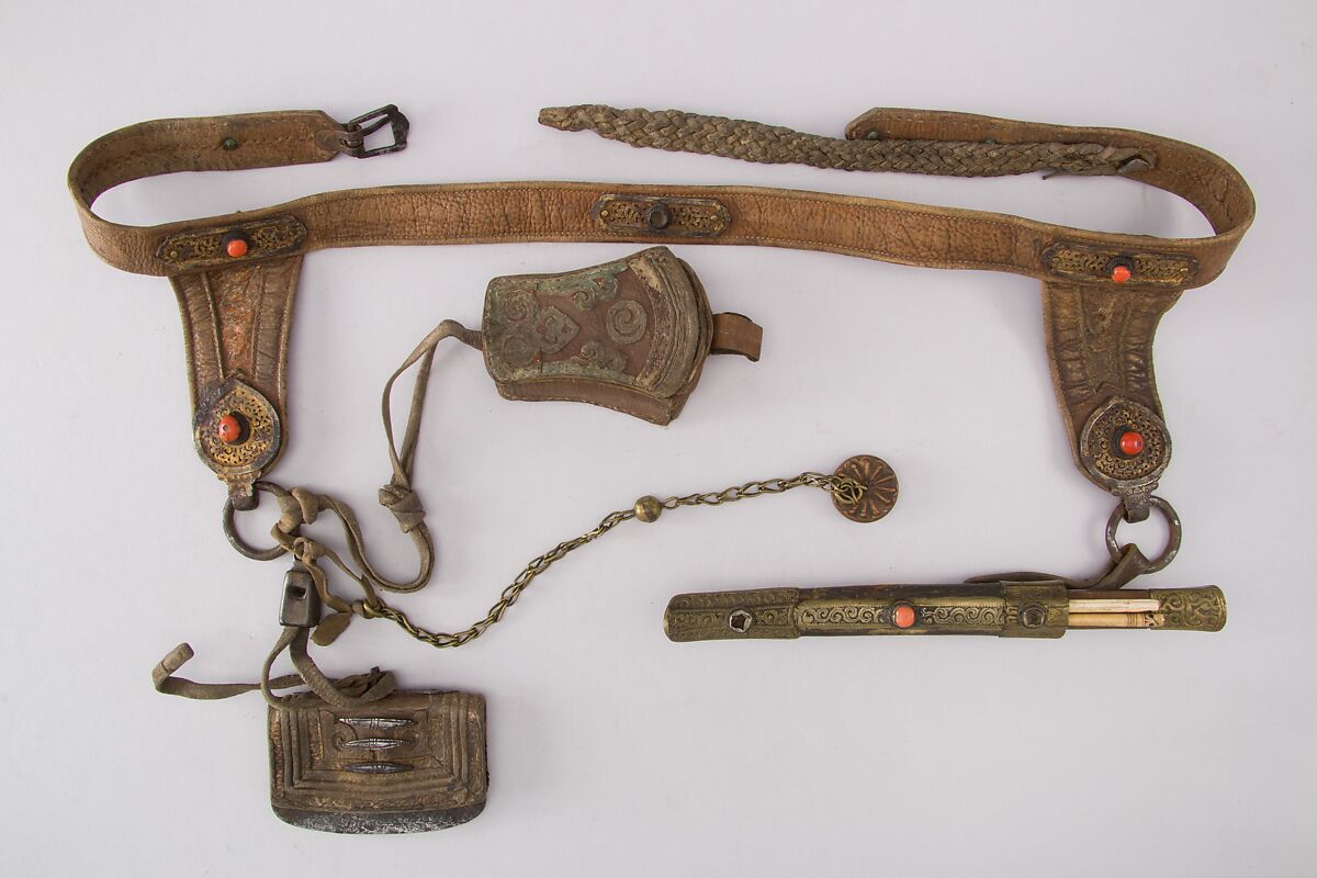 Knife with Sheath, Belt and Chopsticks, Steel, leather, brass, copper, wood, ivory, coral, Tibetan