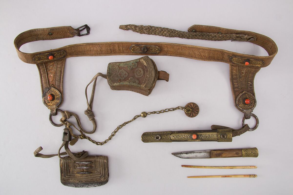 Knife with Sheath, Belt and Chopsticks, Steel, leather, brass, copper, wood, ivory, coral, Tibetan