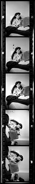 [Five 35mm Film Frames: Jane Smith Evans Reading Newspaper in Bed, New York City], Walker Evans (American, St. Louis, Missouri 1903–1975 New Haven, Connecticut), Film negative