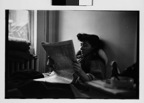 [Five 35mm Film Frames: Jane Smith Evans Reading Newspaper in Bed, New York City], Walker Evans (American, St. Louis, Missouri 1903–1975 New Haven, Connecticut), Film negative