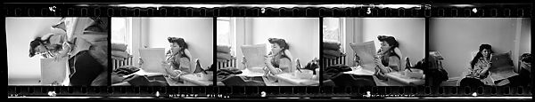 [Five 35mm Film Frames: Jane Smith Evans Reading Newspaper in Bed, New York City], Walker Evans (American, St. Louis, Missouri 1903–1975 New Haven, Connecticut), Film negative