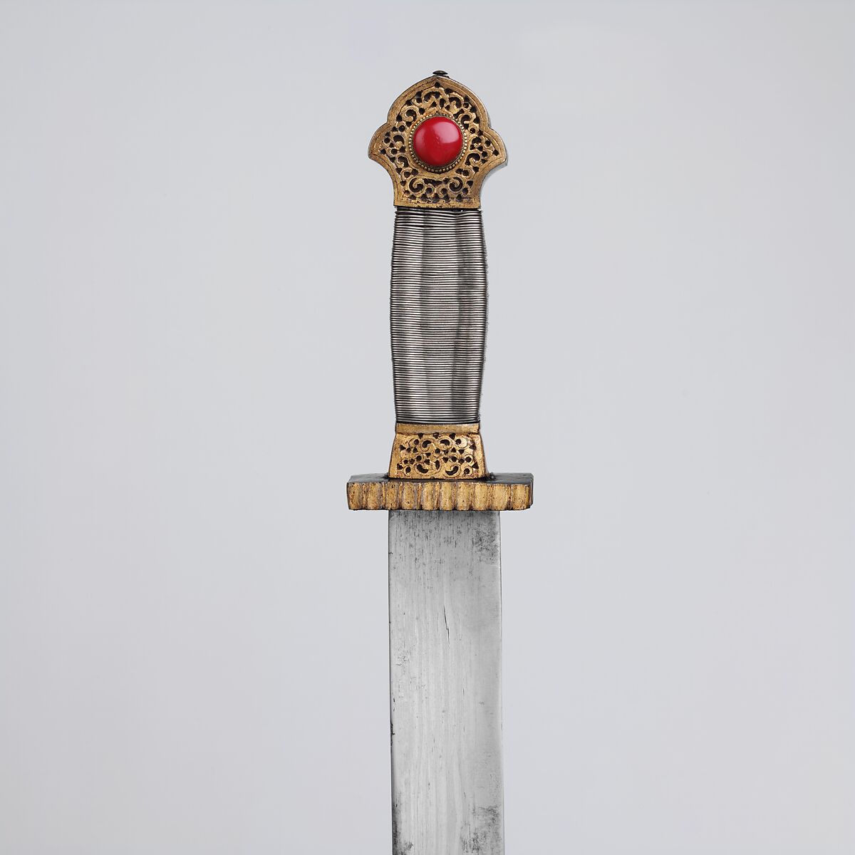 Sword with Scabbard, Iron, gold, silver, coral, wood, textile, Tibetan