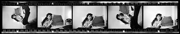 [Five 35mm Film Frames: Jane Smith Evans Reading Newspaper in Bed, New York City], Walker Evans (American, St. Louis, Missouri 1903–1975 New Haven, Connecticut), Film negative