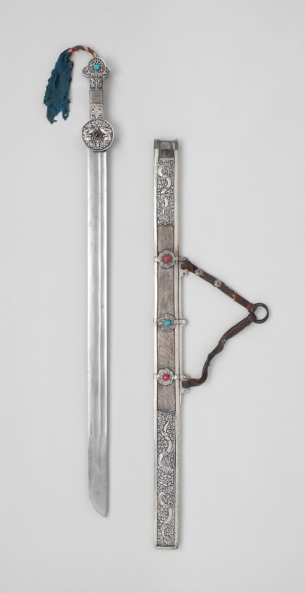 Sword with Scabbard, Iron, silver, wood, textile, turquoise, coral, leather, Tibetan 