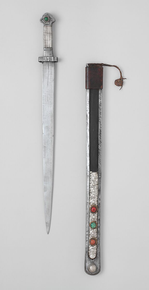 Short Sword and Scabbard, Iron, silver, turquoise, coral, wood, textile, leather, Tibetan 