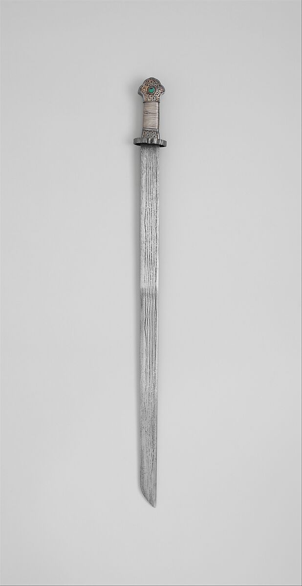 Sword (Ral gri), Iron, silver, gold, turquoise, wood, textile, Tibetan 