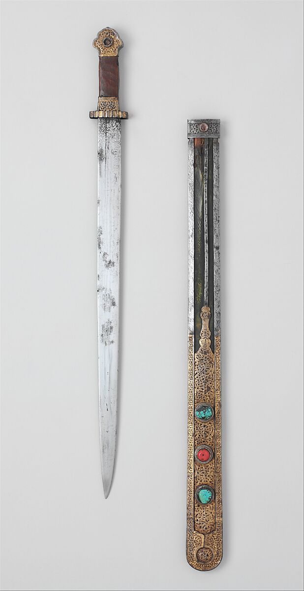 Short Sword and Scabbard, Iron, gold, turquoise, coral, leather, wood, Tibetan 