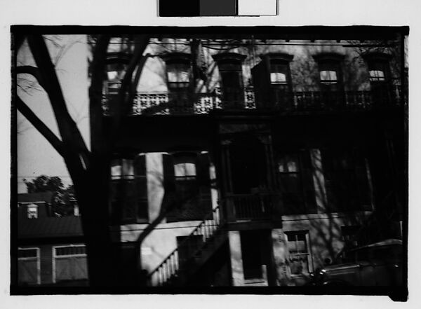 [Cast-Iron Balconies and Elevated Entry Porch of Italianate Town House, From Automobile, Savannah, Georgia], Walker Evans (American, St. Louis, Missouri 1903–1975 New Haven, Connecticut), Film negative 