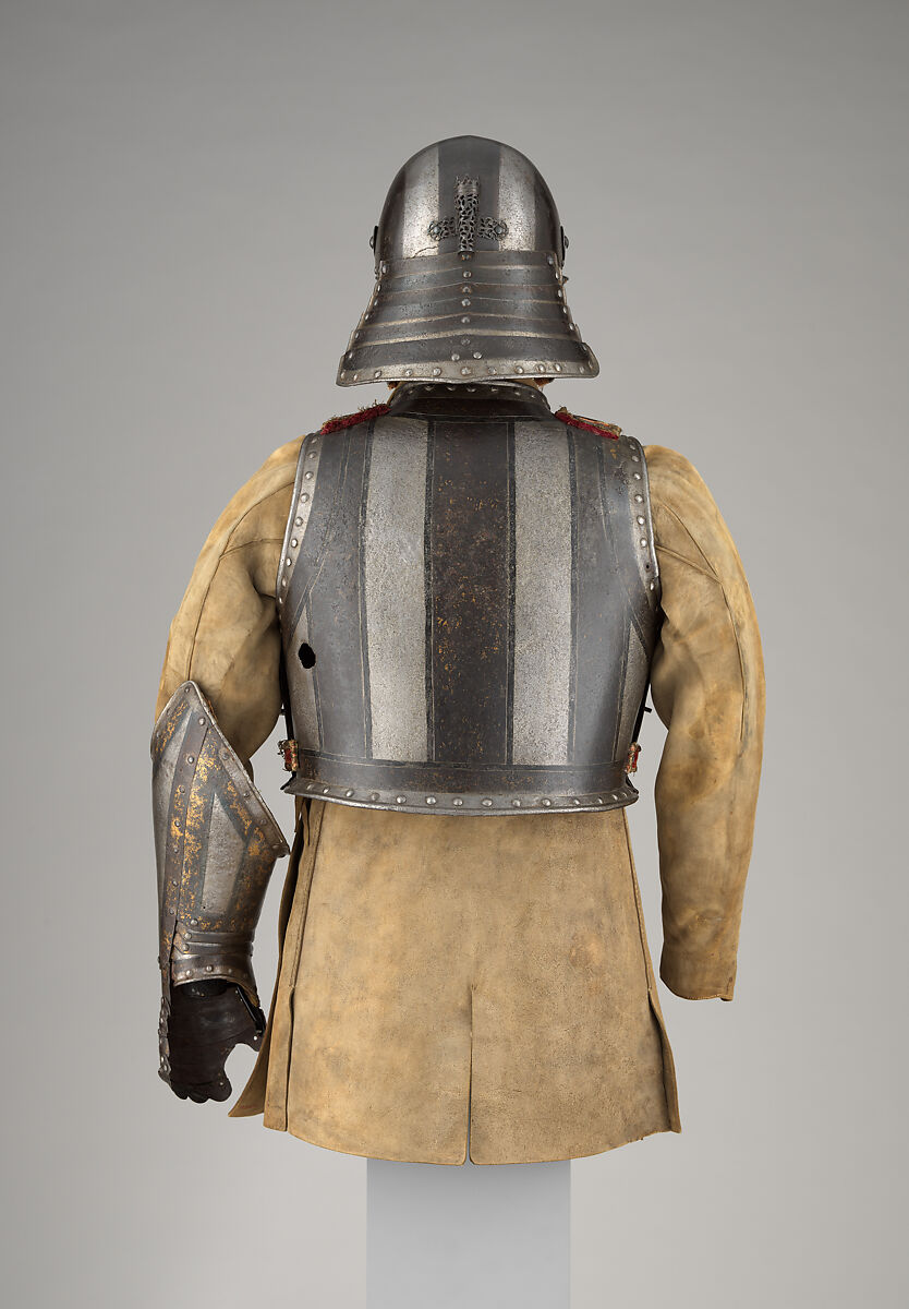 Harquebusier's Armor of Pedro II, King of Portugal (reigned 1683–1706) with Buff Coat, Armor attributed to Richard Holden (British, London, recorded 1658–1708), Steel, gold, leather, textile, British, London; buff coat, European