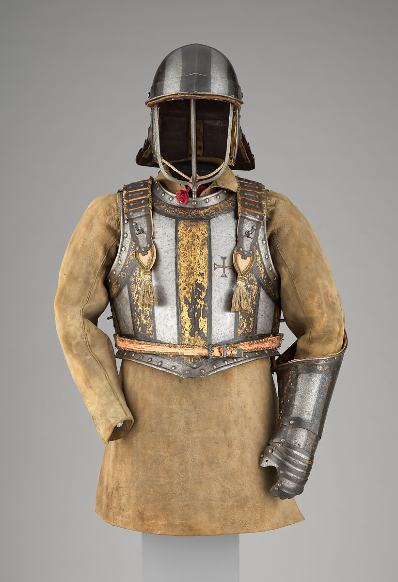 Harquebusier's Armor of Pedro II, King of Portugal (reigned 1683–1706) with Buff Coat, Armor attributed to Richard Holden (British, London, recorded 1658–1708), Steel, gold, leather, textile, British, London; buff coat, European
