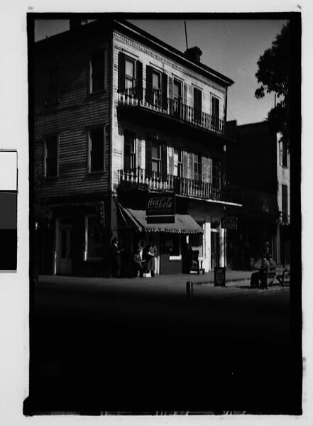 [Cast-Iron Balconied Town House with Ground Floor Drugstore, From Automobile, Savannah, Georgia], Walker Evans (American, St. Louis, Missouri 1903–1975 New Haven, Connecticut), Film negative 