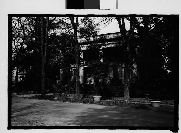 [Greek Revival House with Full Facade Porch, Through Trees, Savannah, Georgia]