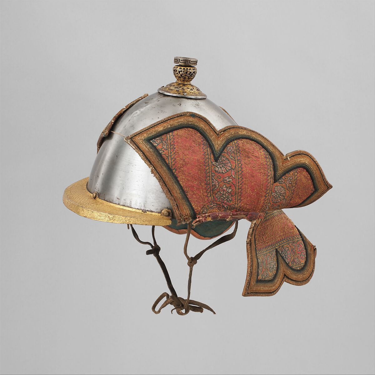 Helmet, Steel, iron, gold silk, metallic thread, Bhutanese and Tibetan 