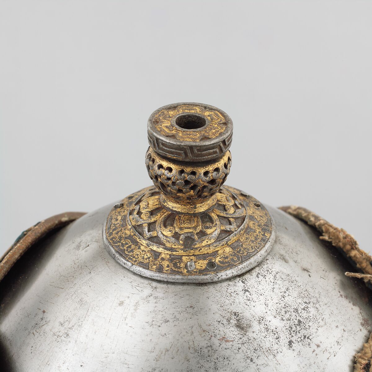Helmet, Steel, iron, gold silk, metallic thread, Bhutanese and Tibetan