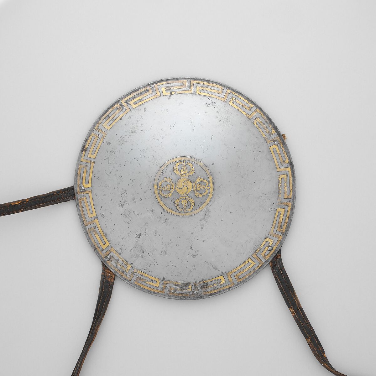 Set of Four Mirrors, Iron, gold, silver, textile, leather, probably Tibetan