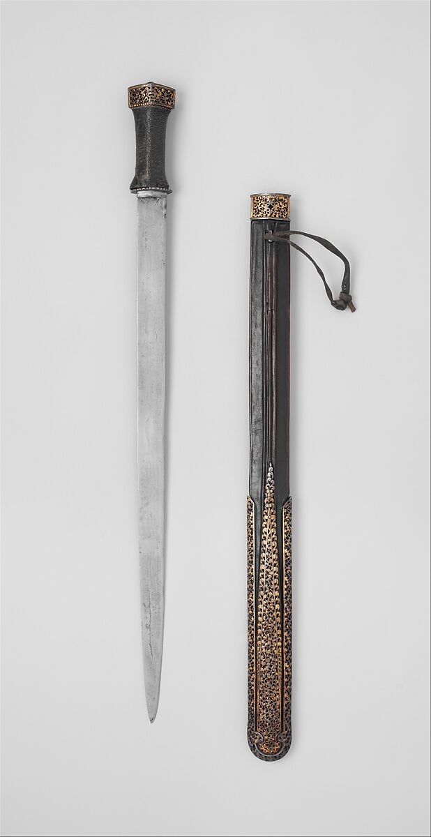 Sword and Scabbard, Iron, gold, silver, wood, ray skin, leather, Southern or eastern Tibetan 