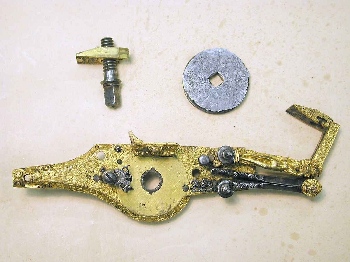 Wheellock Mechanism for a Pistol, Bronze, steel, gold, French 