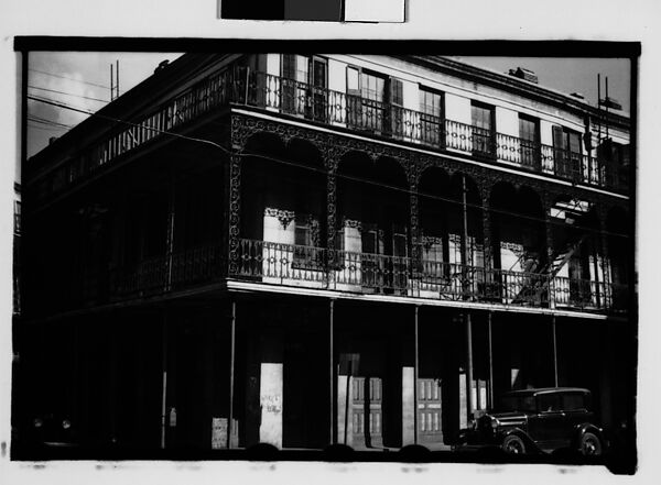 [Cast-Iron Balconied Houses with Parked Car, Mobile, Alabama], Walker Evans (American, St. Louis, Missouri 1903–1975 New Haven, Connecticut), Film negative 