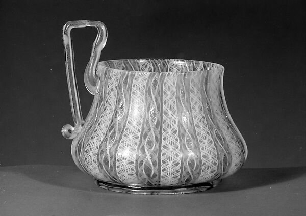 Filigree cup and saucer, Blown glass, British, possibly 