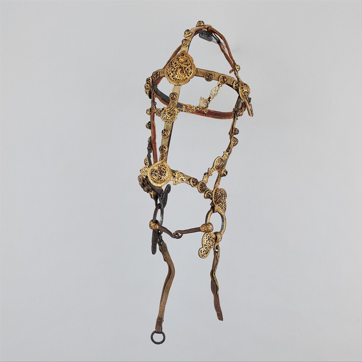 Bridle and Matching Crupper Straps, Iron, leather, gold, textile, Tibetan 