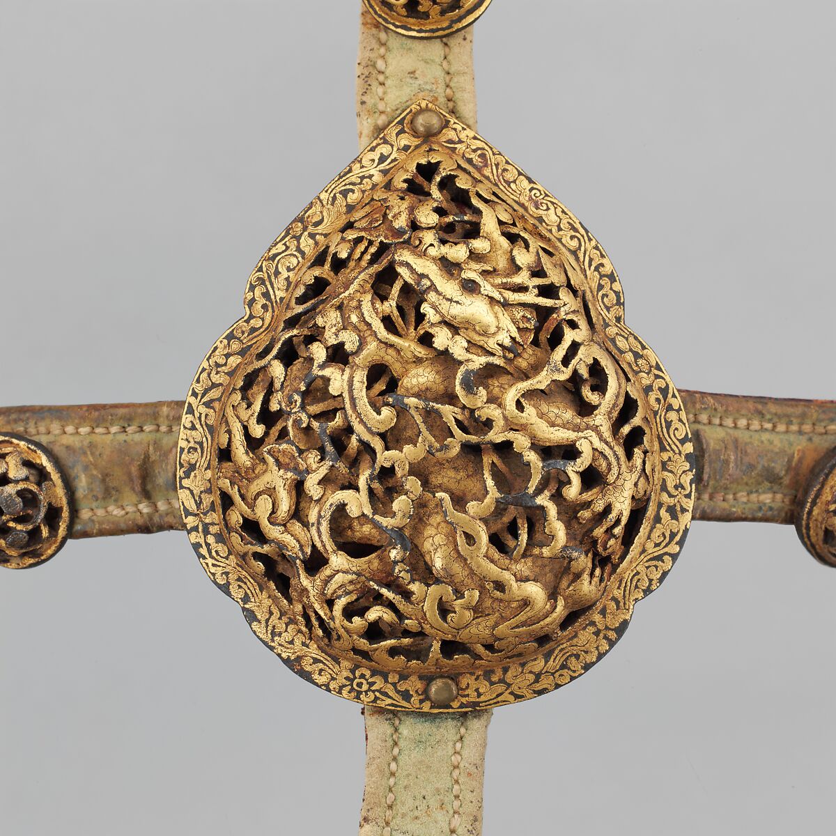 Bridle and Matching Crupper Straps, Iron, leather, gold, textile, Tibetan