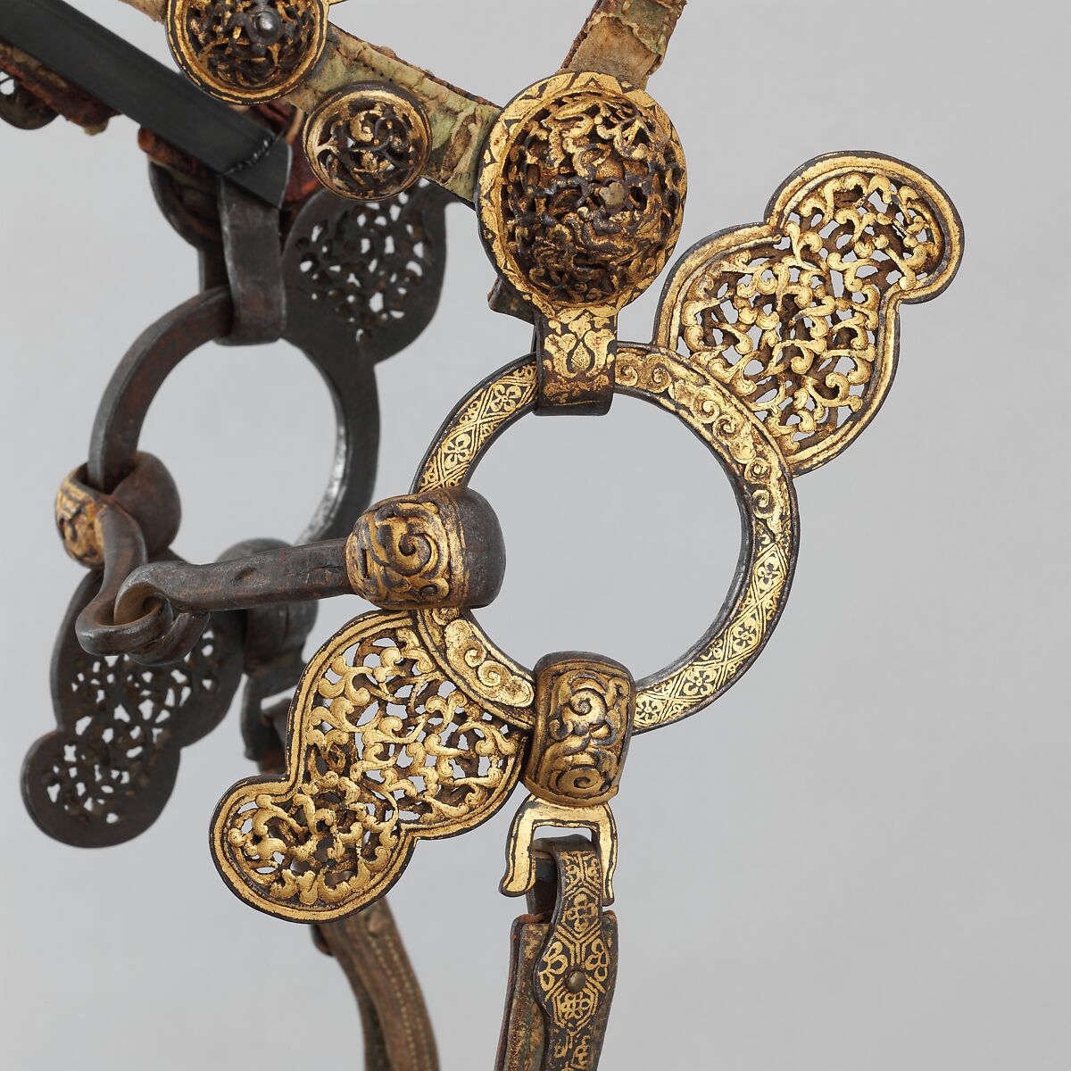 Bridle and Matching Crupper Straps, Iron, leather, gold, textile, Tibetan