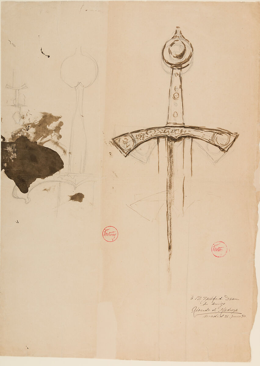 Drawing of Two Medieval Swords, Mariano Fortuny Marsal (Spanish, Reus 1838–1874 Rome), Paper, ink, graphite, Spanish 