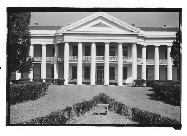 [Façade of Large Greek Revival Building with Lawn Bench in Foreground, Convent, Louisiana], Walker Evans (American, St. Louis, Missouri 1903–1975 New Haven, Connecticut), Film negative 