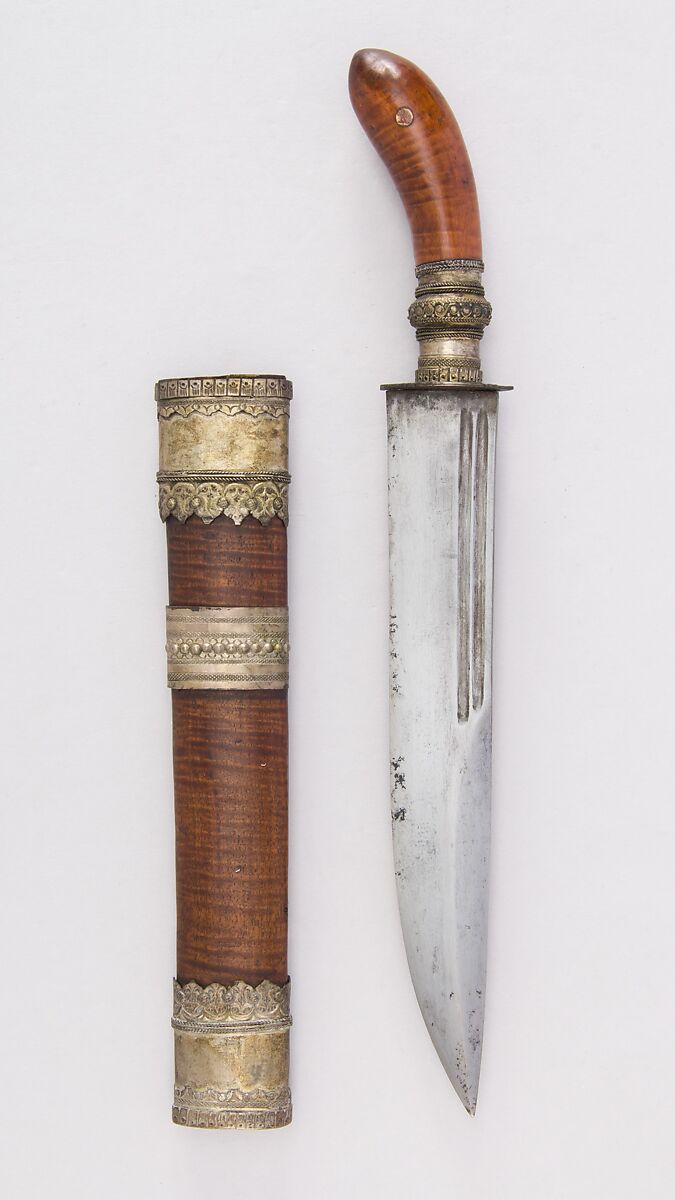 Knife with Sheath, Steel, wood, copper, silver, Philippine, Moro 