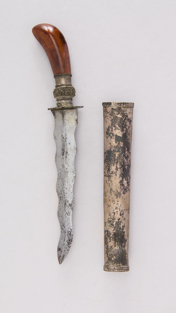 Dagger with Sheath, Steel, wood, silver, silver wire, Philippine, Mindanao 