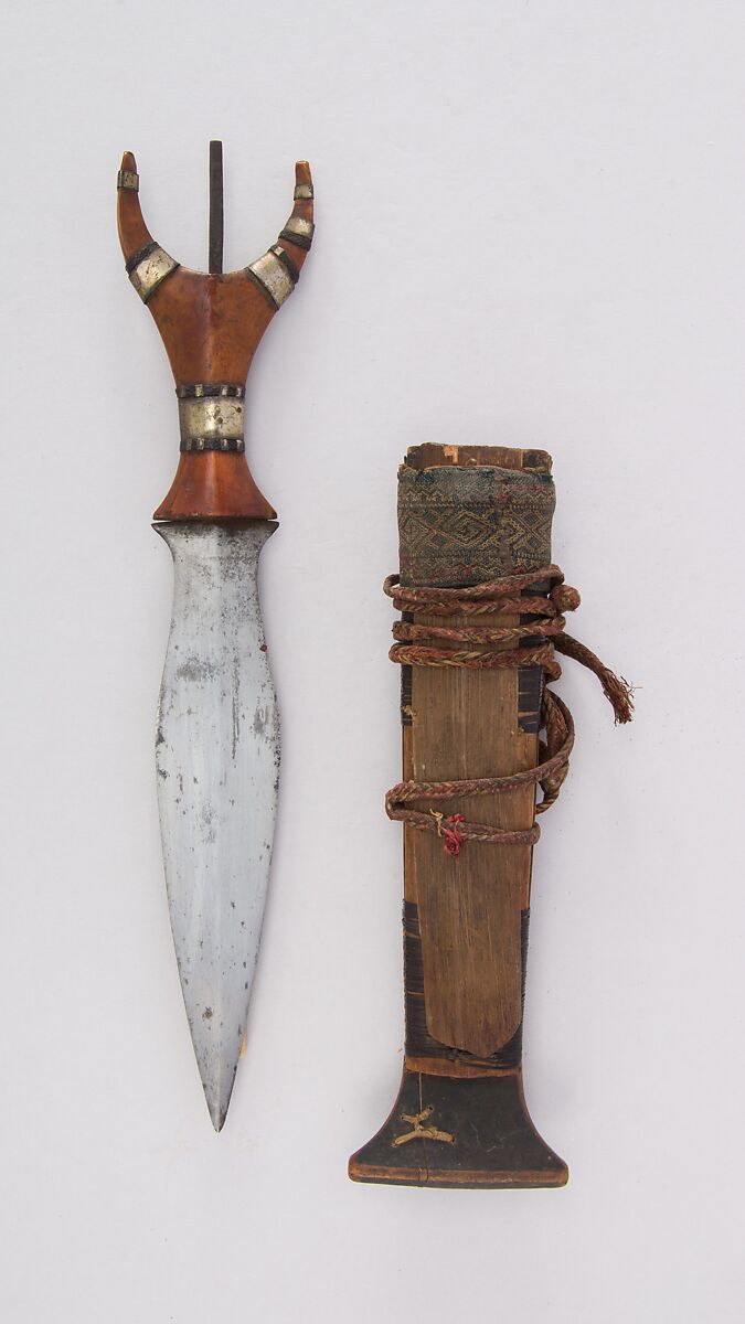Dagger with Sheath, Steel, wood, cane (rattan), textile, brass, leather, twine, Philippine, Mindanao