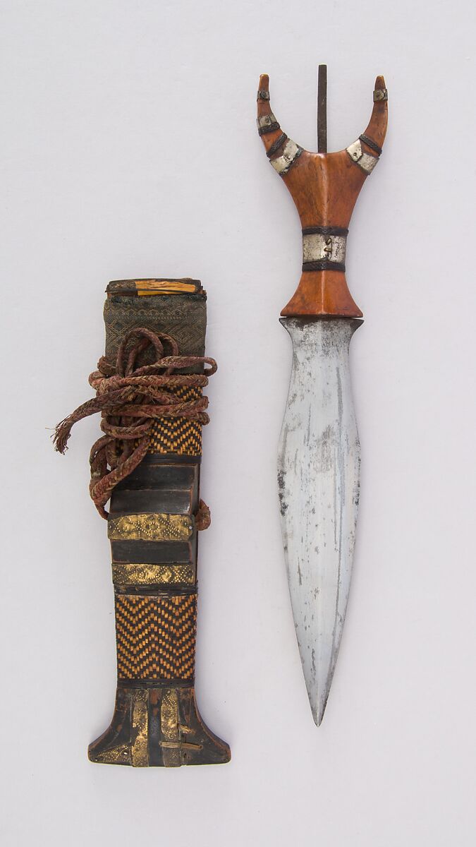 Dagger with Sheath, Steel, wood, cane (rattan), textile, brass, leather, twine, Philippine, Mindanao 