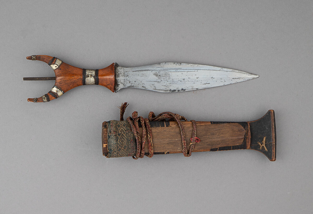 Dagger with Sheath, Steel, wood, cane (rattan), textile, brass, leather, twine, Philippine, Mindanao