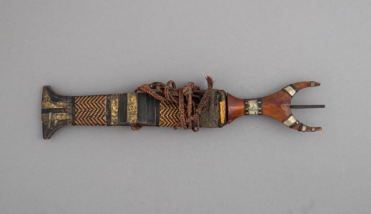 Dagger with Sheath, Steel, wood, cane (rattan), textile, brass, leather, twine, Philippine, Mindanao