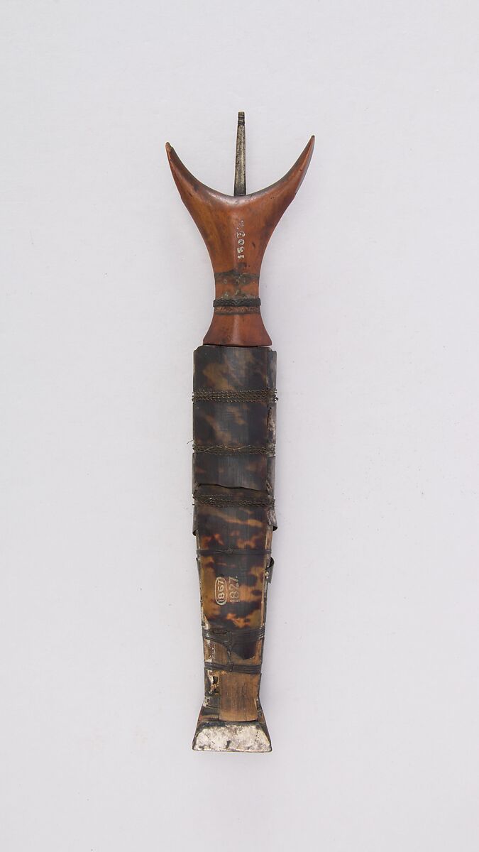 Dagger with Sheath, Steel, wood, tortoiseshell, silver, brass wire, cane (rattan), leather, Philippine, Mandaya