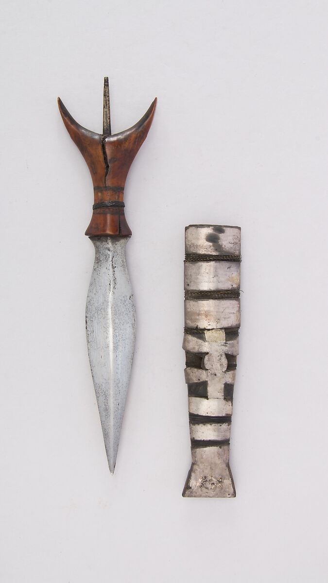 Dagger with Sheath, Steel, wood, tortoiseshell, silver, brass wire, cane (rattan), leather, Philippine, Mandaya 