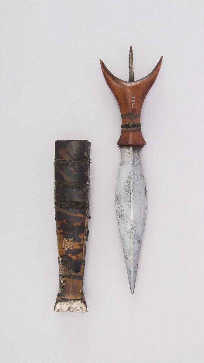 Dagger with Sheath, Steel, wood, tortoiseshell, silver, brass wire, cane (rattan), leather, Philippine, Mandaya