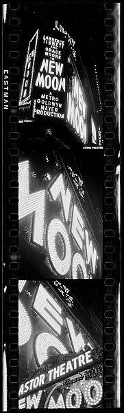 [Three 35mm Film Frames: Neon Sign at Night for "New Moon", Times Square, New York City], Walker Evans (American, St. Louis, Missouri 1903–1975 New Haven, Connecticut), Film negative