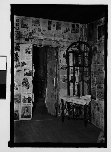 [Interior with Newspaper-Covered Walls and Wicker Mirror Stand, Hale County?, Alabama], Walker Evans (American, St. Louis, Missouri 1903–1975 New Haven, Connecticut), Film negative 