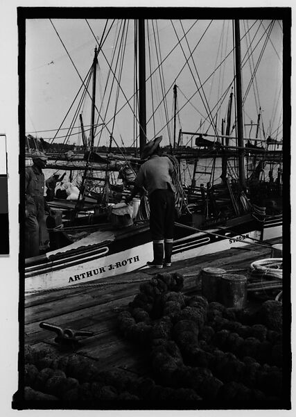 [Ten 35mm Film Frames on Uncut Roll: 8 Views of Sponge Diving Boats and Sponges Drying at Dock, and 2 Shadow Self-Portraits at Dock, Tarpon Springs, Florida], Walker Evans (American, St. Louis, Missouri 1903–1975 New Haven, Connecticut), Film negative