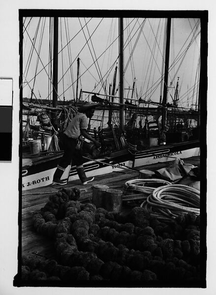 [Ten 35mm Film Frames on Uncut Roll: 8 Views of Sponge Diving Boats and Sponges Drying at Dock, and 2 Shadow Self-Portraits at Dock, Tarpon Springs, Florida], Walker Evans (American, St. Louis, Missouri 1903–1975 New Haven, Connecticut), Film negative