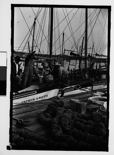 [Ten 35mm Film Frames on Uncut Roll: 8 Views of Sponge Diving Boats and Sponges Drying at Dock, and 2 Shadow Self-Portraits at Dock, Tarpon Springs, Florida], Walker Evans (American, St. Louis, Missouri 1903–1975 New Haven, Connecticut), Film negative
